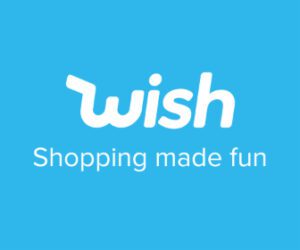 Wish logo with the slogan 'Shopping made fun' on a blue background.