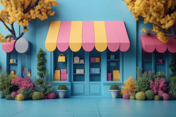 Colorful storefront with vibrant awnings and greenery in a lively neighborhood