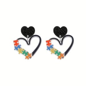 Rainbow puzzle-heart dangle earrings with black tops