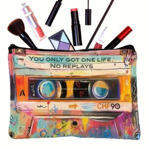 Colorful tape-themed makeup pouch with cosmetics