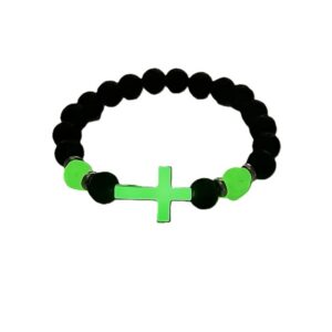 Black beaded bracelet with neon green sideways cross