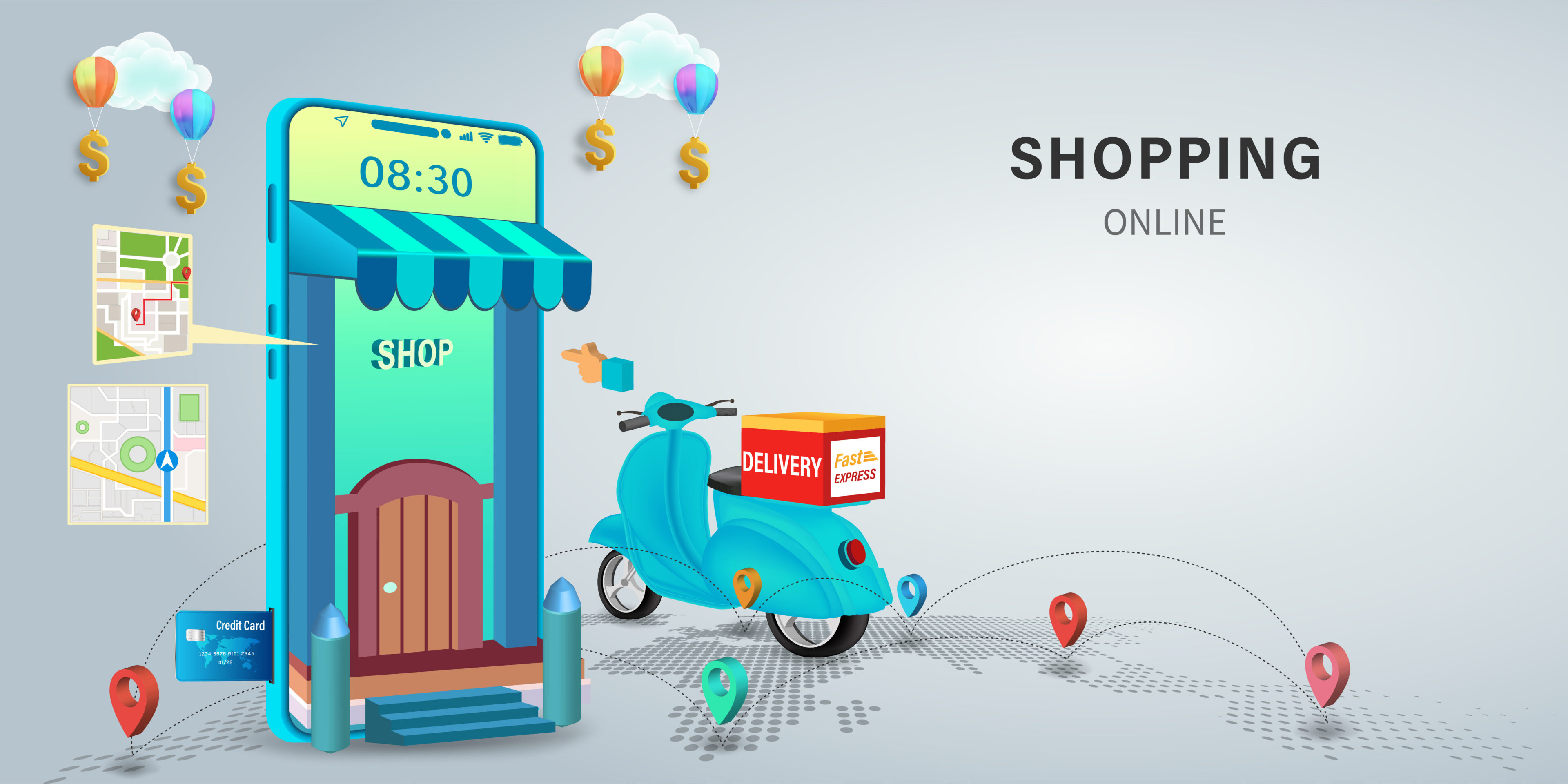 Shopping Online on Website or Mobile Application Vector Concept Marketing and Digital marketing, Online Application Delivery service concept.