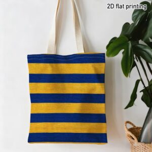 Blue and gold striped tote bag with handles