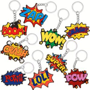 Colorful comic book sound effect keychains